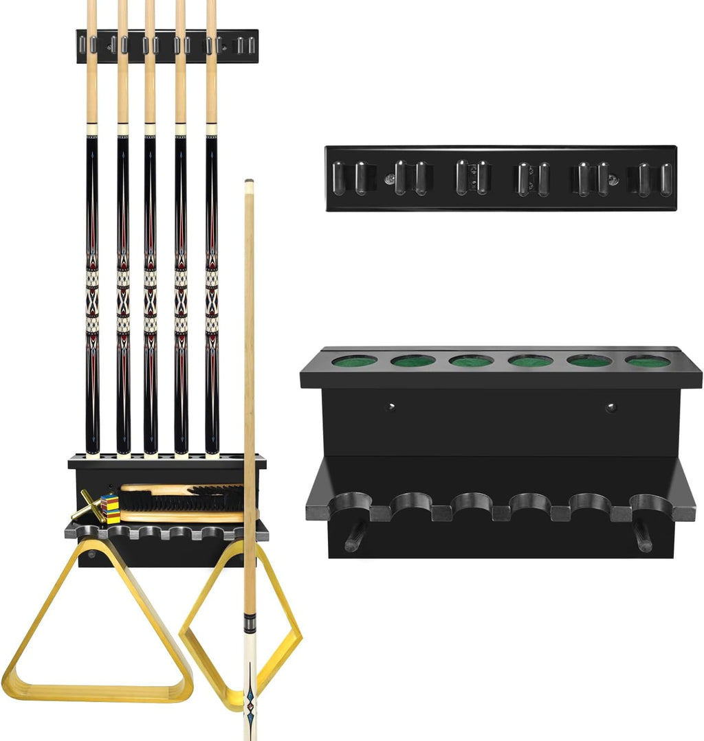 Pool Cue Rack Stick Holder, Billiards Pool Cue Rack Wall Mount Hardwood Pool Cue Set Holder for 6 Cues Sticks Storage