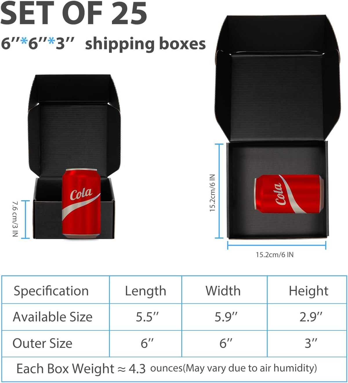 6x6x3 Black Shipping Boxes for Small Business, Packing, 25 Pack