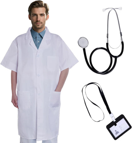 Scientist Doctor Costume Women Men Halloween White Short Sleeve Lab Coats with Stethoscope ID Card for Student Adult
