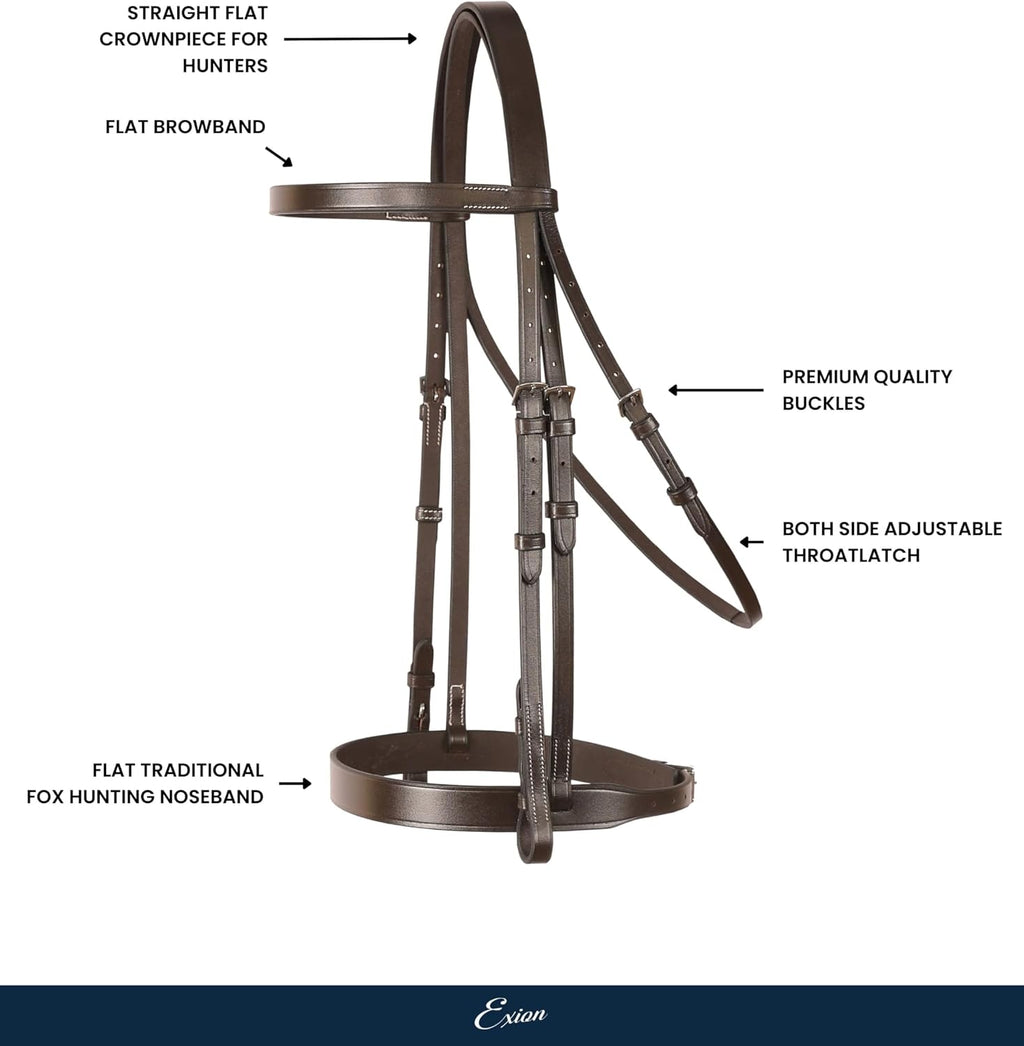 Exion Flat Hunter Bridle with Laced Reins – Classic English Leather Horse Bridle Set – Traditional Flat Browband &