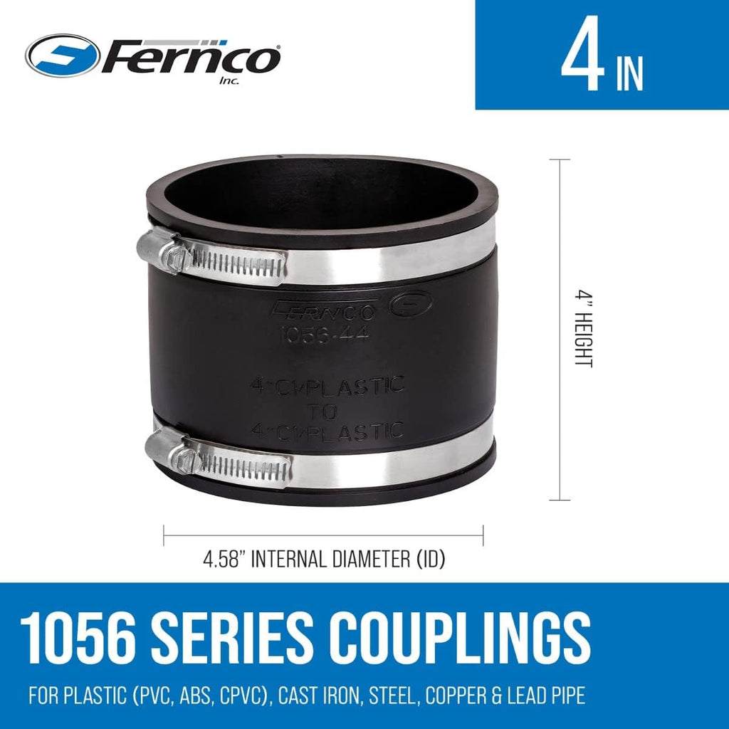 Fernco 1056-44 4-in. Flexible PVC Pipe Coupling for Cast Iron and Plastic Plumbing Connections, 2-Pack