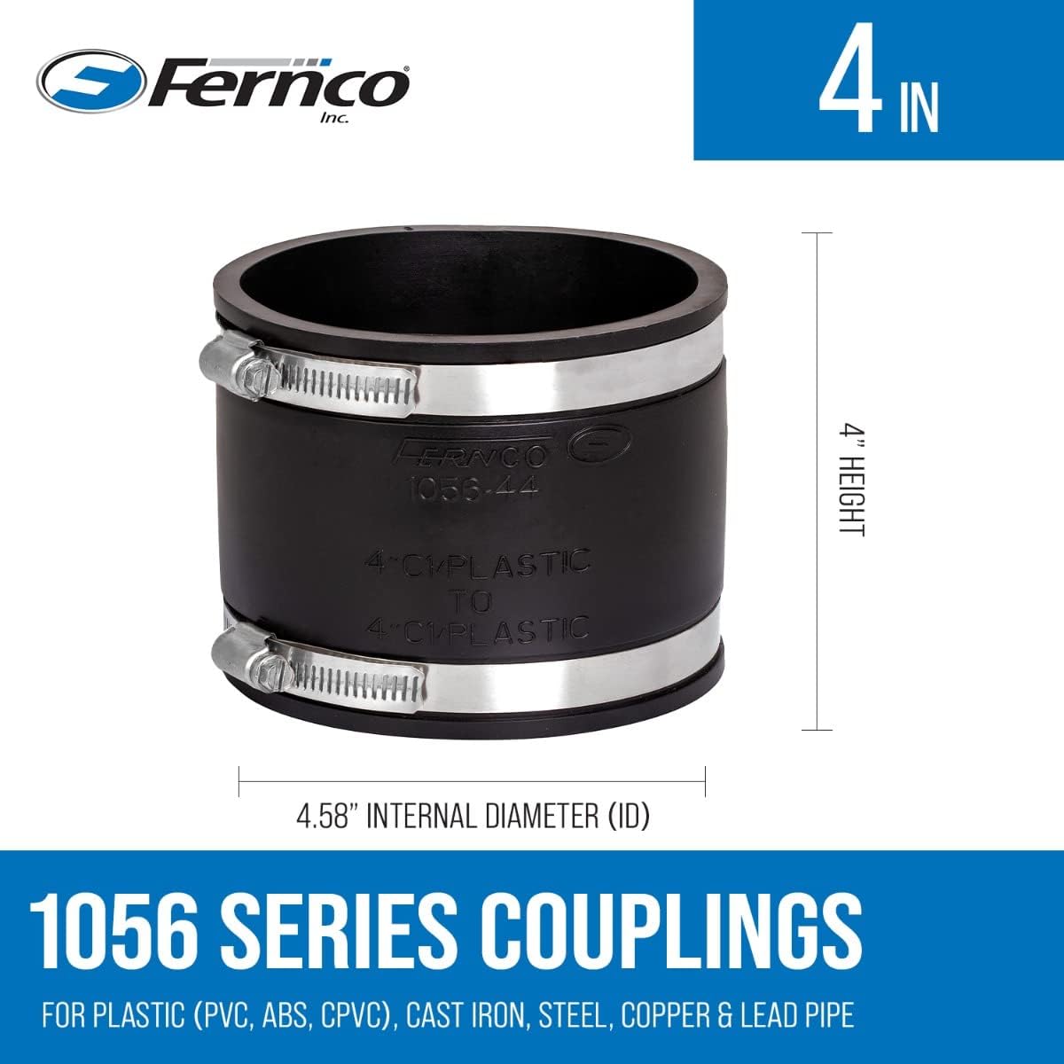 Fernco 1056-44 4-in. Flexible PVC Pipe Coupling for Cast Iron and Plastic Plumbing Connections, 2-Pack