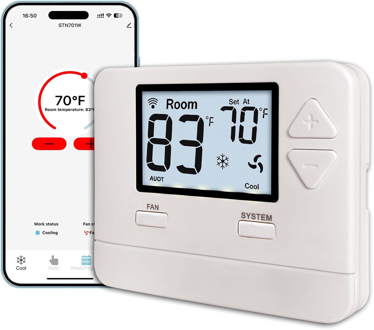 WiFi Thermostat 1 Heat/1 Cool for Home Conventional System | C-Wire Required, APP Remote Control, 7-Day or 0-Day