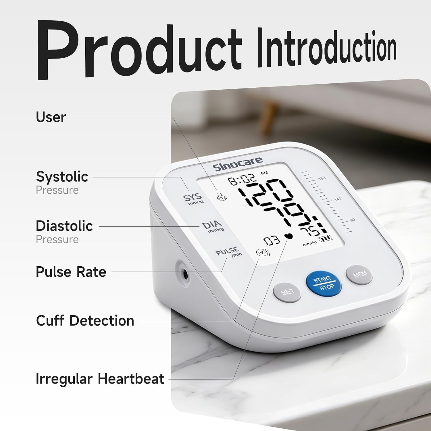 Upper Arm Blood Pressure Monitor, Automatic Digital BP Machine with 3-Color Backlit Display, 2 Users × 99 Memories