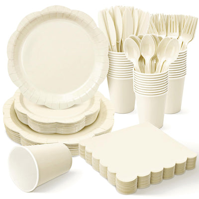 Ivory Party Supplies for 50 Guests, 350 Pcs Elegant Paper Plates and Napkins Set with Cups, Knives, Forks & Spoons