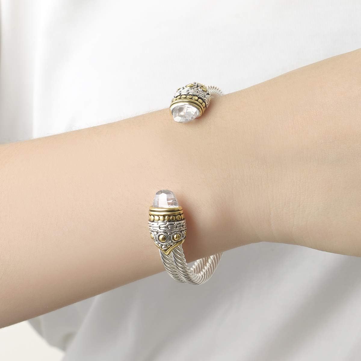 Designer Inspired Jewelry Double Cable Wire Facet CZ Antique Bangle Elegant Beautiful