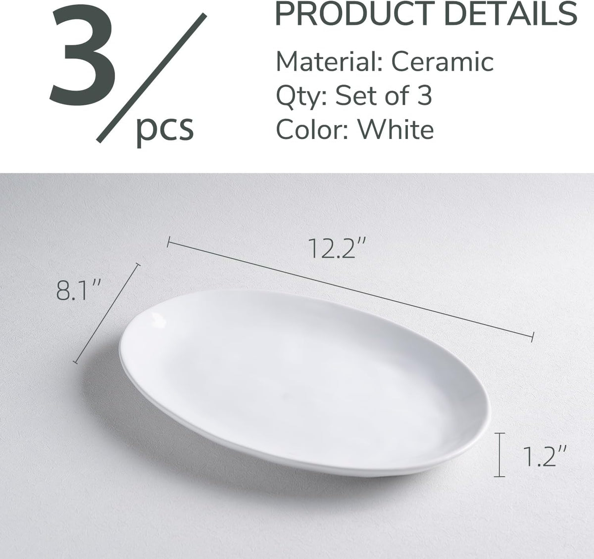 Ceramic Serving Platters, 12" White Serving Dishes, Dinner Plates, Set of 3