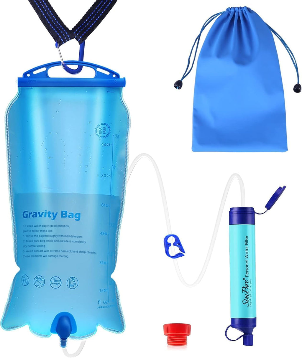 Portable Gravity-Fed Water Filter with 3L Bag | Gravity Water Purifier with Tree Strap, BPA Free Survival Gear and