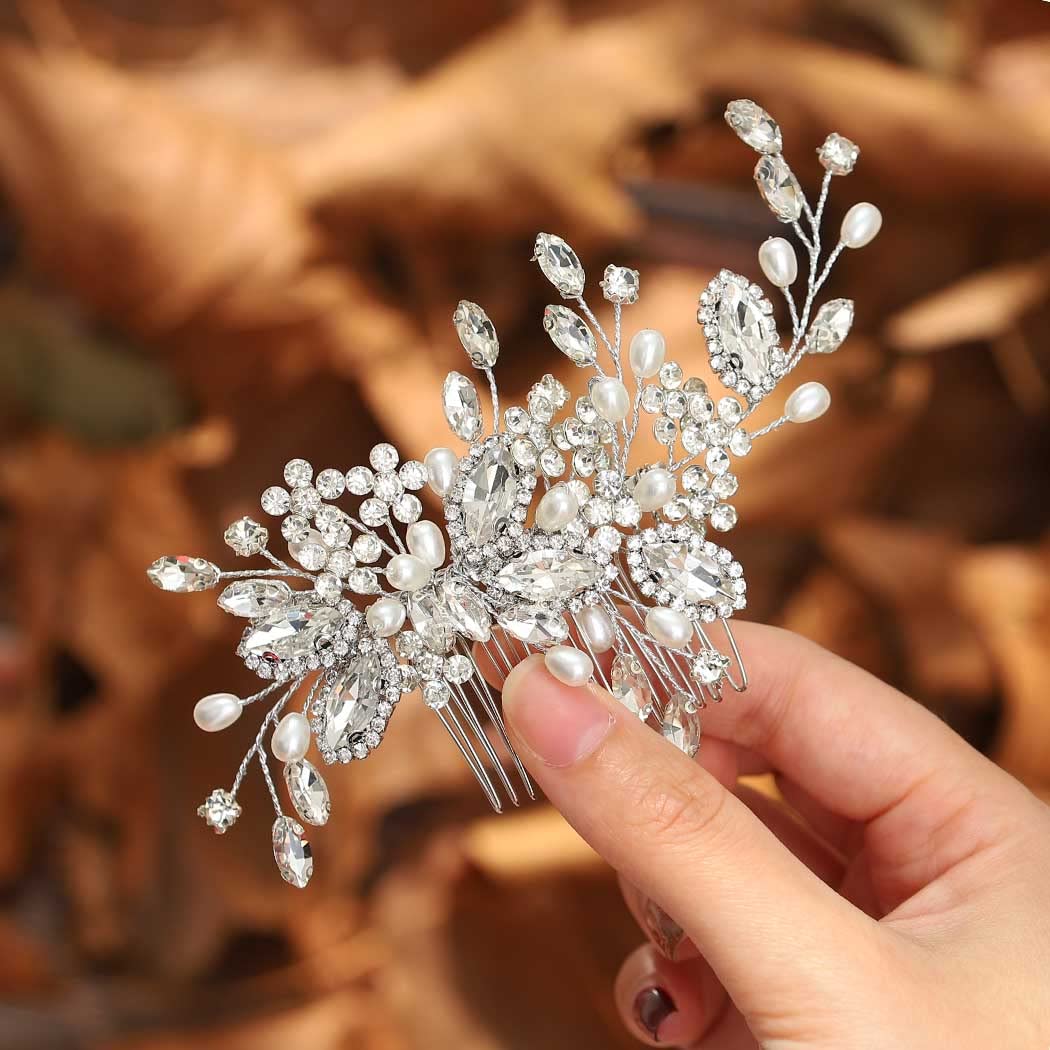 Crystal Bride Wedding Hair Comb Pearl Bridal Hair Piece Hair Accessories for Women and Girls (A Silver)