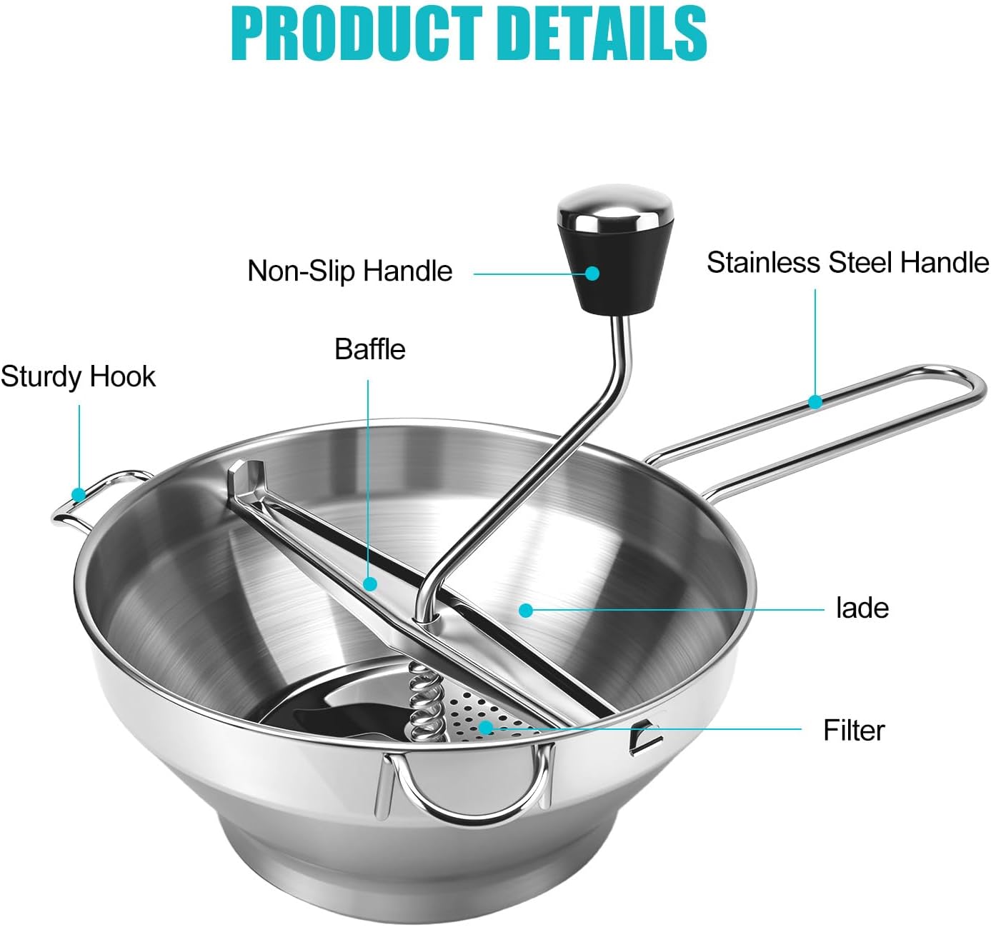 Stainless Steel Food Mill with 3 Grinding Discs - Rotary Hand Crank for Tomato Sauce, Mashed Potatoes, Applesauce