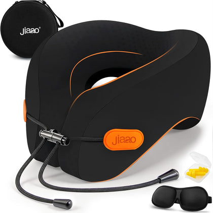 Travel Pillow Memory Foam Neck Pillow for Airplanes with Adjustable Neck Support, Includes Eye Mask, Earplugs &