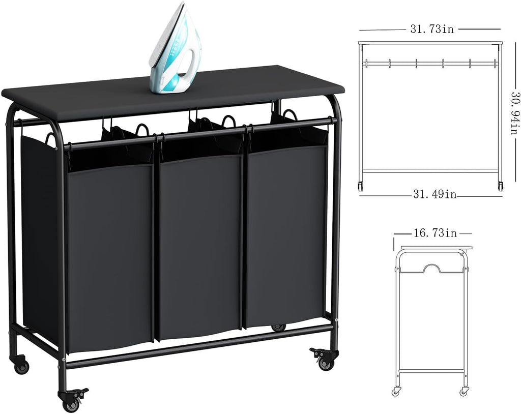 3-Bag Laundry Hamper with Ironing Board, Black 135L Laundry Sorter | Laundry Room Organization with Heavy Duty