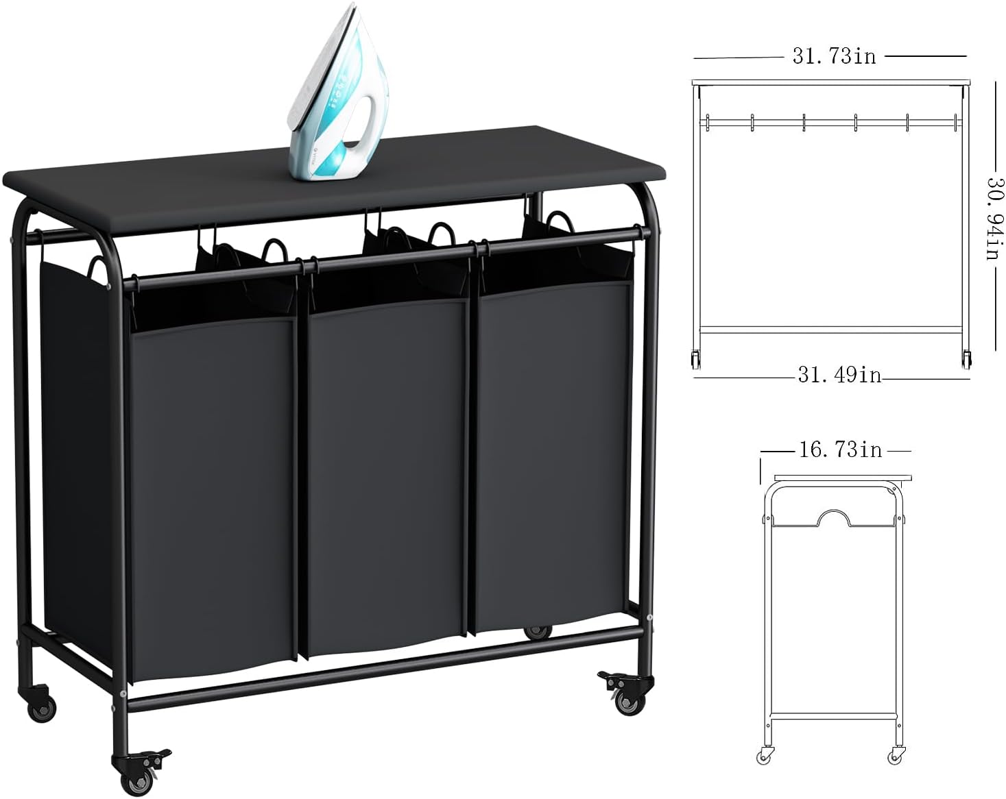 3-Bag Laundry Hamper with Ironing Board, Black 135L Laundry Sorter | Laundry Room Organization with Heavy Duty