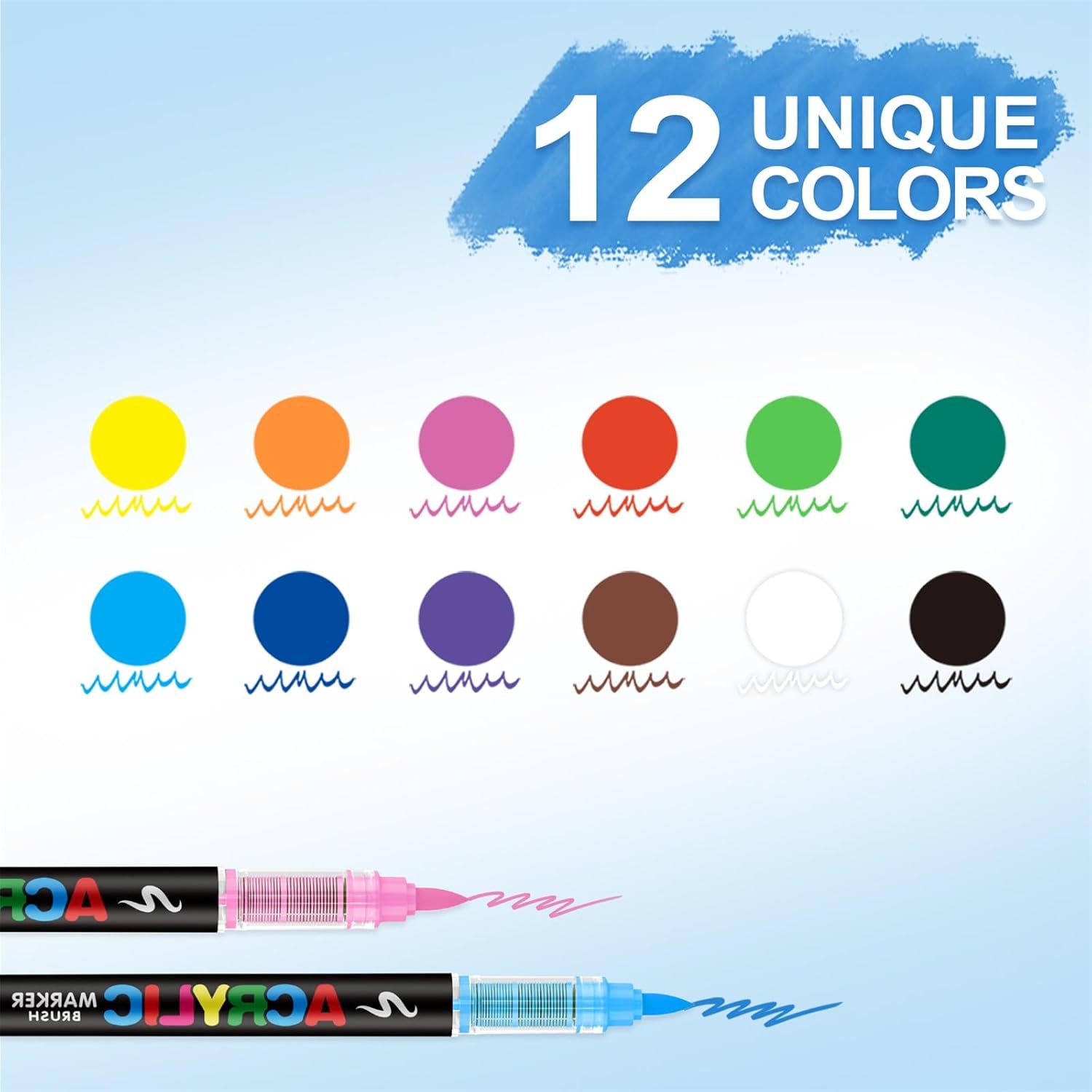 Acrylic Paint Markers Brush Tip, 12 Vivid Colors with Direct-Liquid Ink System, Professional-Grade Paint Pen for Rock