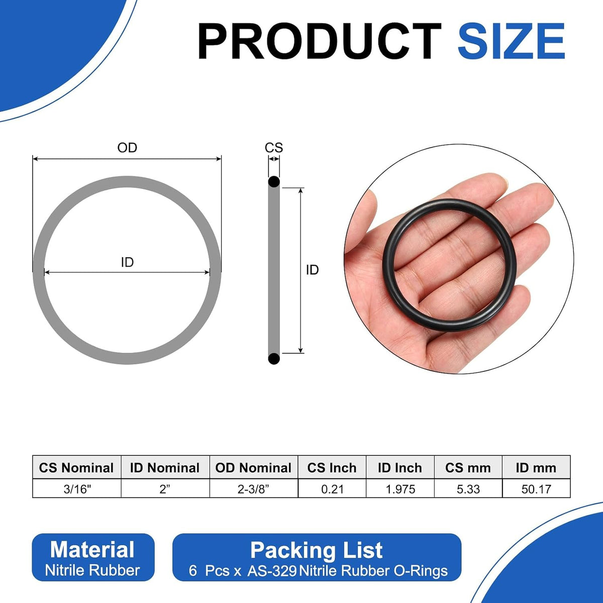 uxcell 6Pcs AS-329 Nitrile Rubber O-Rings 2" ID 2-3/8" OD 3/16" W Black