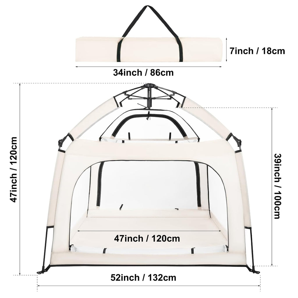 Baby Playpen with Canopy, Square Toddler Beach Tent (Beige) | Portable Infant Play Yard, Mosquito Net, Indoor and