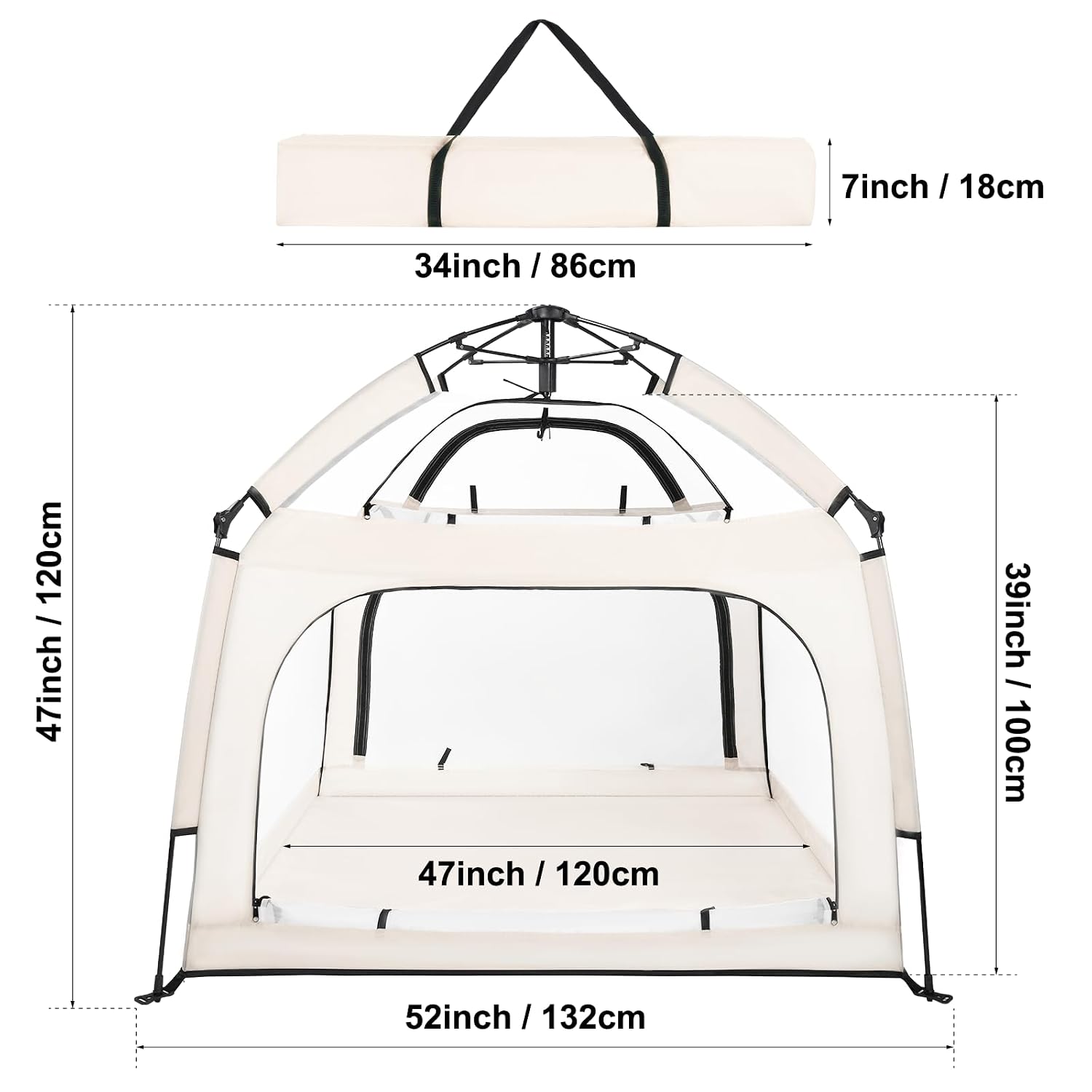 Baby Playpen with Canopy, Square Toddler Beach Tent (Beige) | Portable Infant Play Yard, Mosquito Net, Indoor and