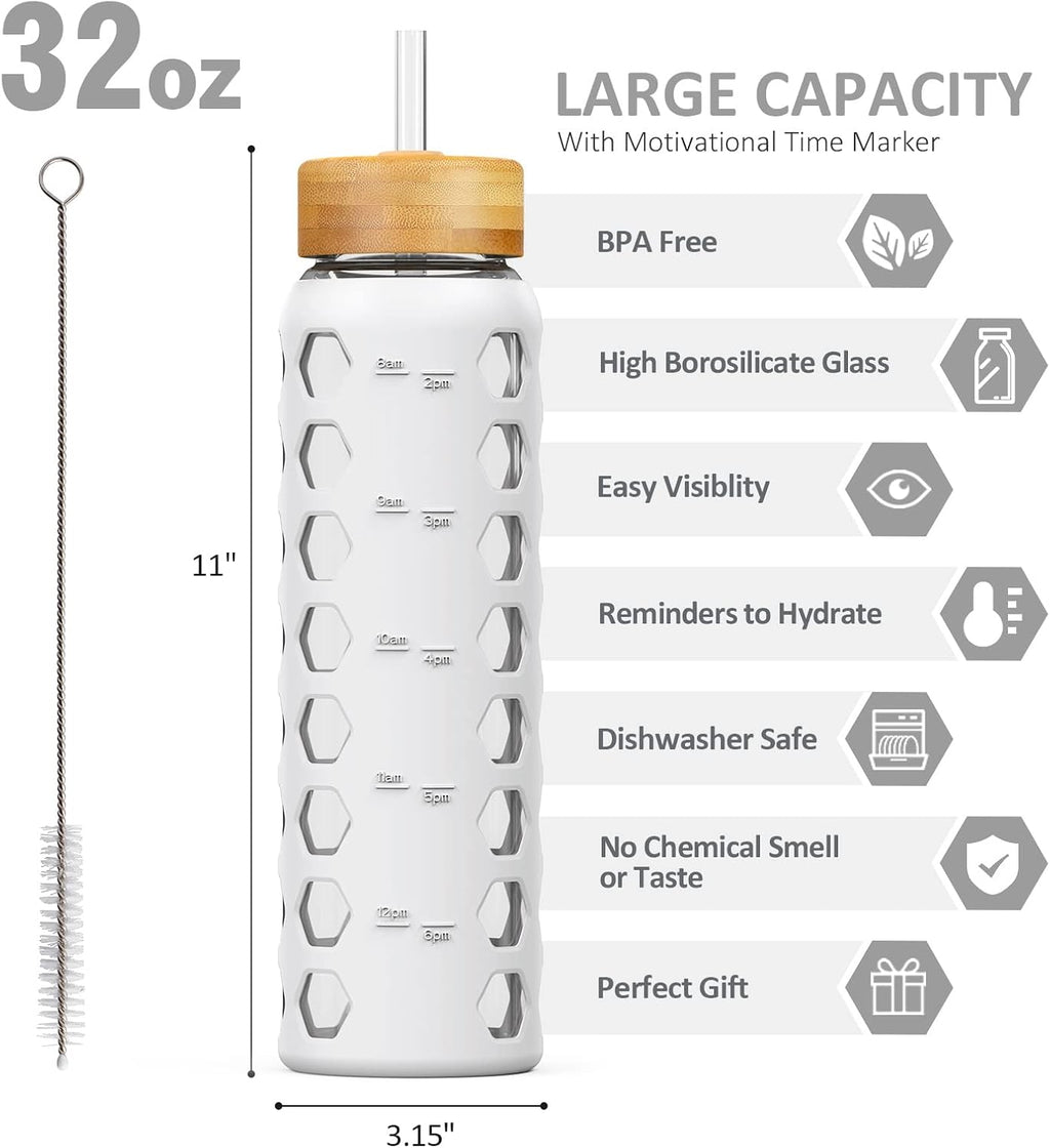 Glass Water Bottle, 32oz, White | 1 Liter Glass Tumbler, 2 Lids - Handle Spout Lid & Bamboo Straw Lid, Motivational