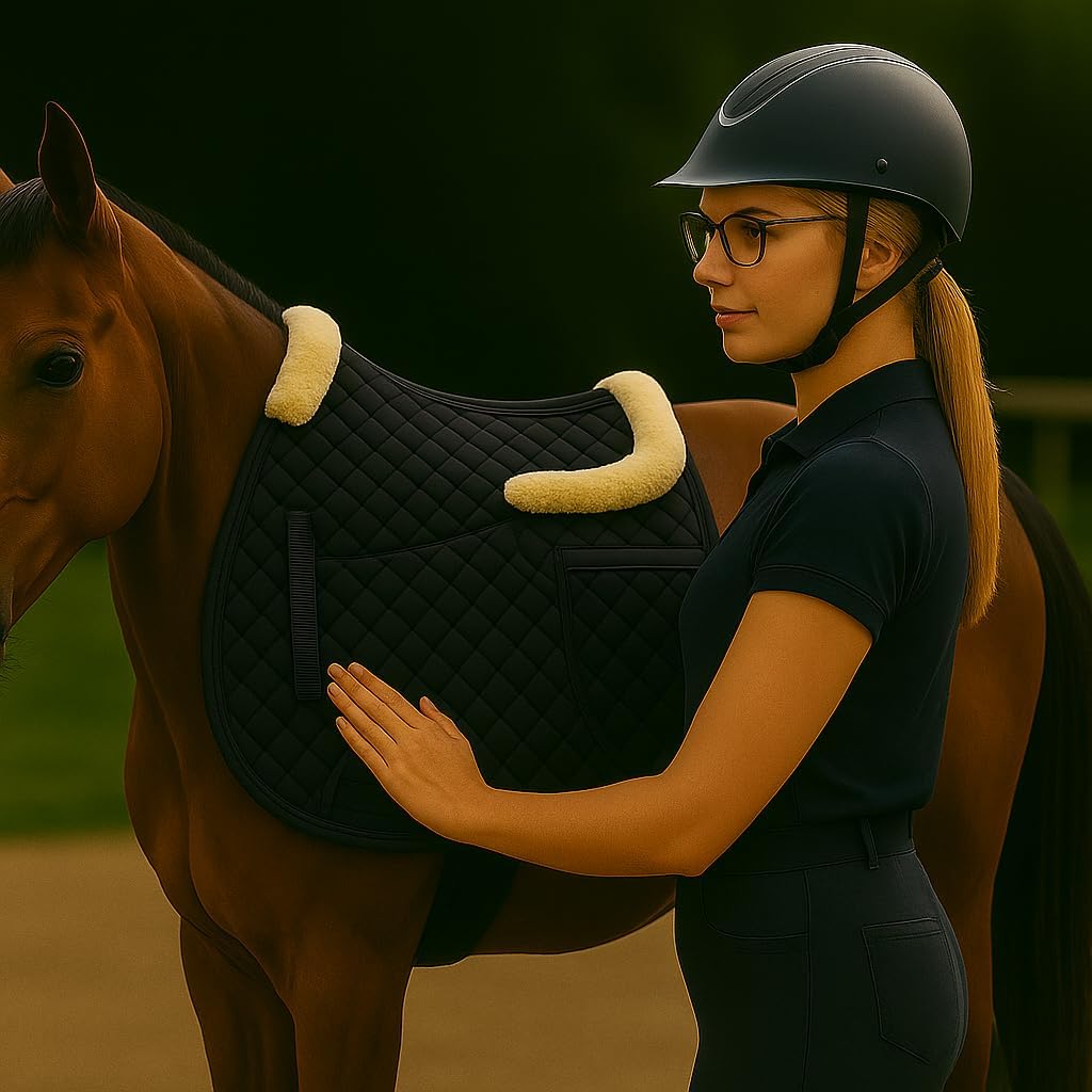 Universal English Saddle Pad with Adjustable Shims, Faux Shearling Trim, Plush Faux Wool, 3D Cooling & Non-Slip Tech.