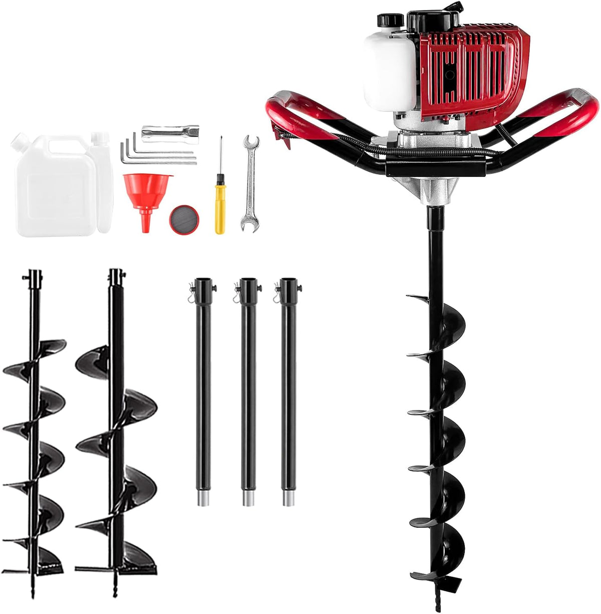 52CC Gas Post Hole Digger with 3 Auger Bits & 3 Extensions | 52CC 2-Stroke, 8000RPM, 3 Bits (4/6/8"), 3 Extensions