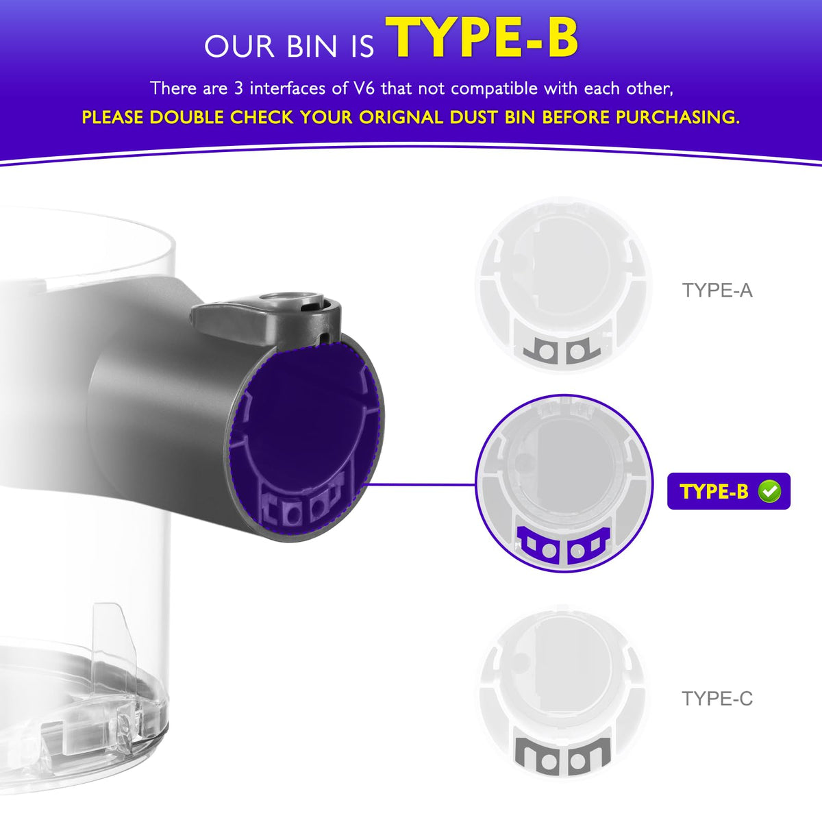 V6 Dust Bin Replacement Compatible with Dyson V6 Vacuums, Type B Interface