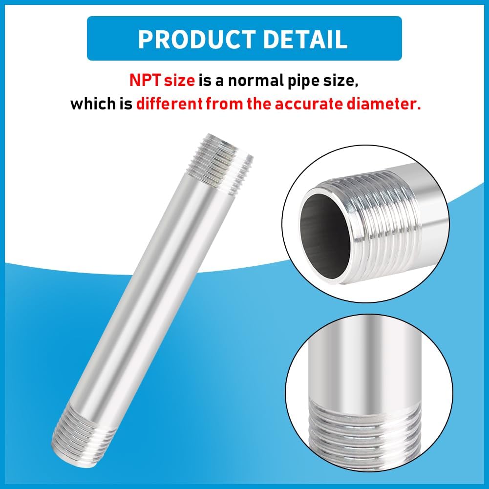 Quickun 304 Stainless Steel Nipple Pipe Fitting, 3/4" NPT x 3/4" NPT Male Malleable Nipple Cast Pipe 2" Length