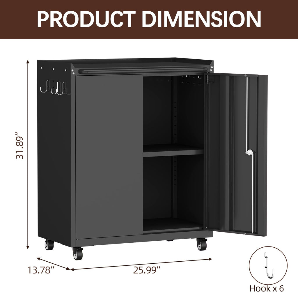 Garage Storage Cabinet with Wheels, Black Storage Cabinet with Adjustable Shelves, Rolling Cabinet with Dual-Side