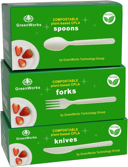 300 Count 7" Heavy-duty Compostable Cutlery Set,100 Forks 100 Spoons 100 Knives,BPI Certified Large t Disposable