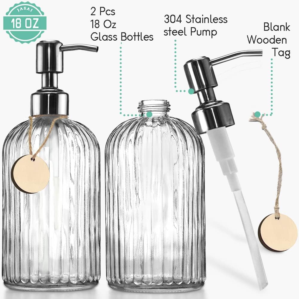 2PACK 18 Oz Glass Soap Dispenser with Rust Proof Stainless Steel Pump | Refillable Hand Soap Dispenser with Vertical