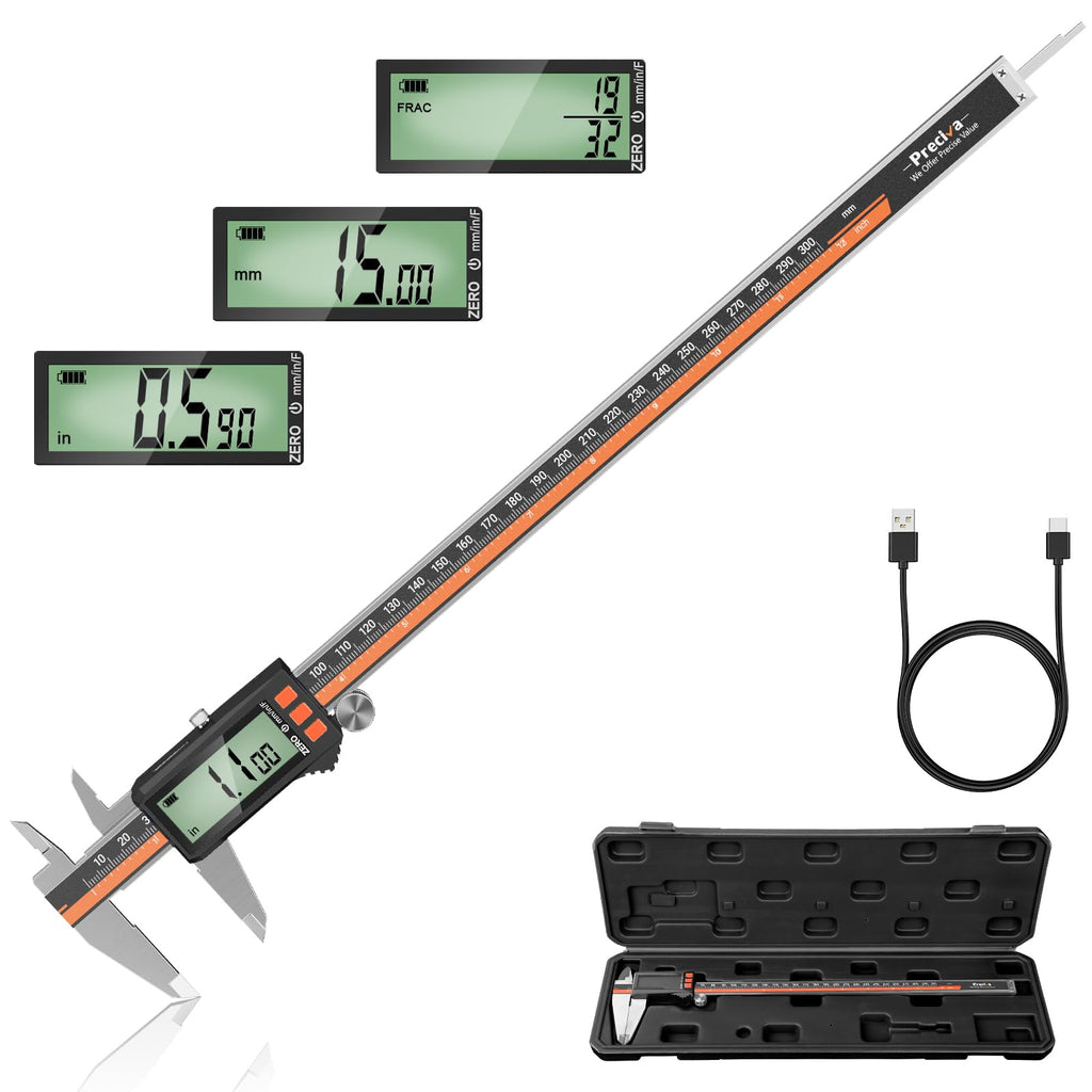 Preciva Digital Caliper 12", Rechargeable Stainless Steel Micrometer