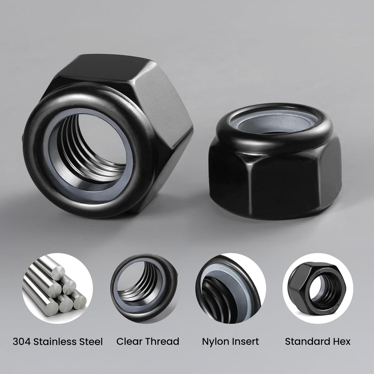 100Pcs M5-0.8 Lock Nuts, Nylon Insert Locknuts 304 Stainless Steel A2-70 Black Zinc Plated Self-Locking Nuts, Coarse Thread Hex Nylock Nut
