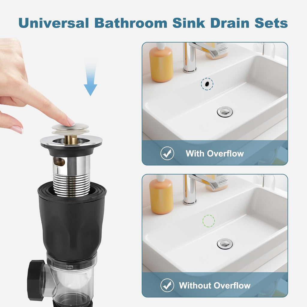 Bathroom Sink Drain Kit, Drain Pipe with Pop-Up Strainer Stopper, Chrome | Hair Catcher/Expandable/Flexible Bathroom