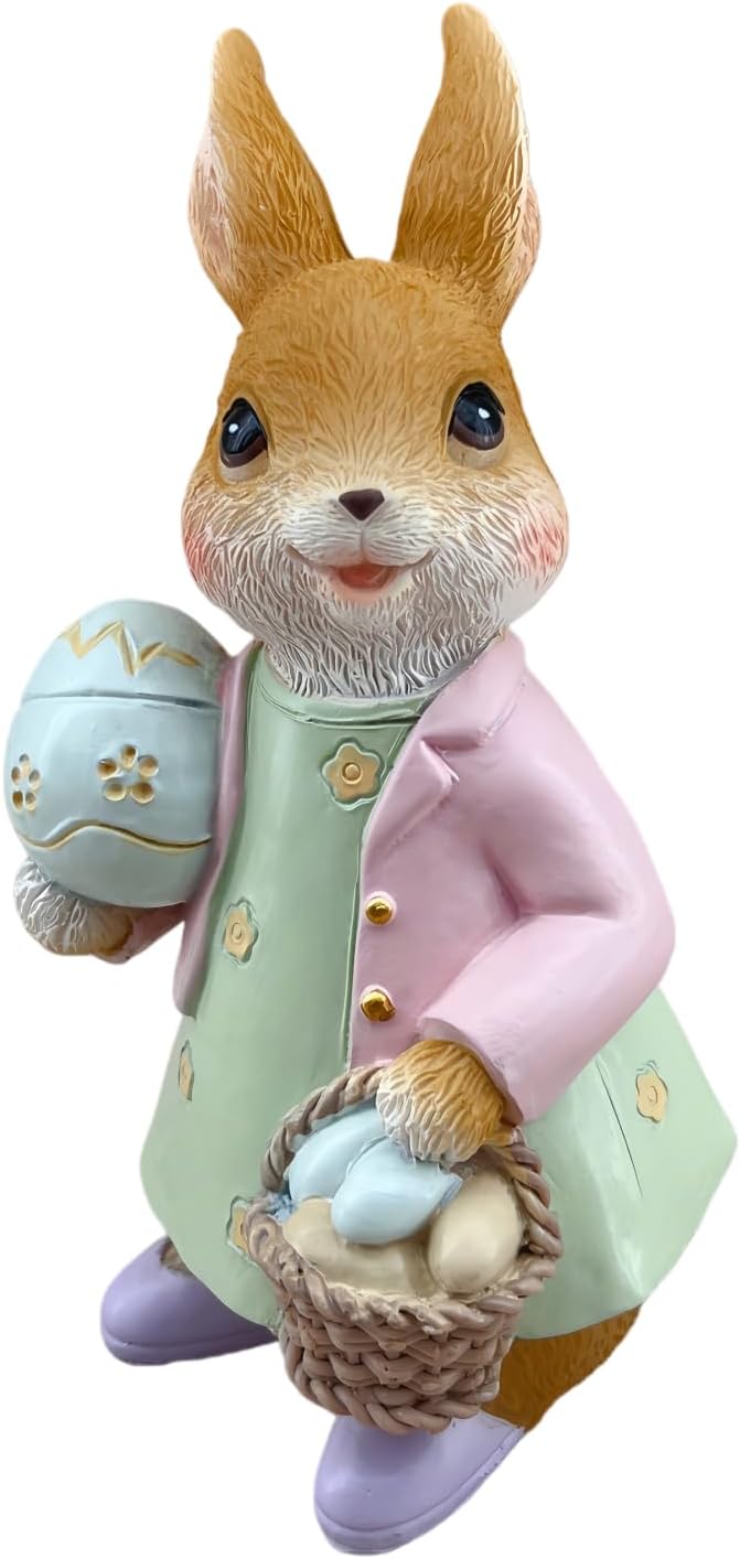 Easter Bunny Statue Egg Basket Rabbit Figurine Tabletop Spring Home Decor | Fine textured fur carving Hand-painted