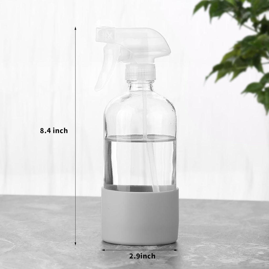 Glass Spray Bottles (2-Pack) with Silicone Sleeve - 16oz Empty Refillable Bottles - Adjustable Nozzle for Hair