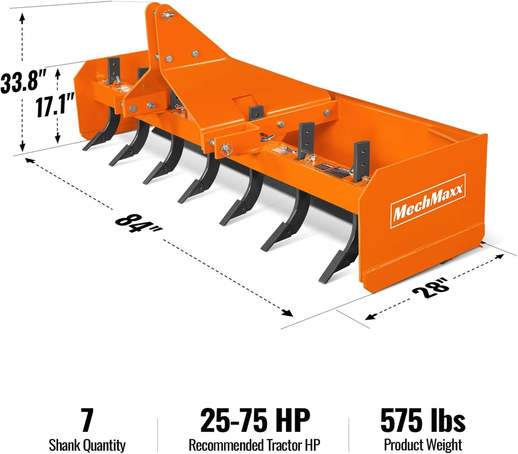 84" Box Blade Scraper with 7 Shanks 3 Point Hitch Tractor Attachment, Model BB84