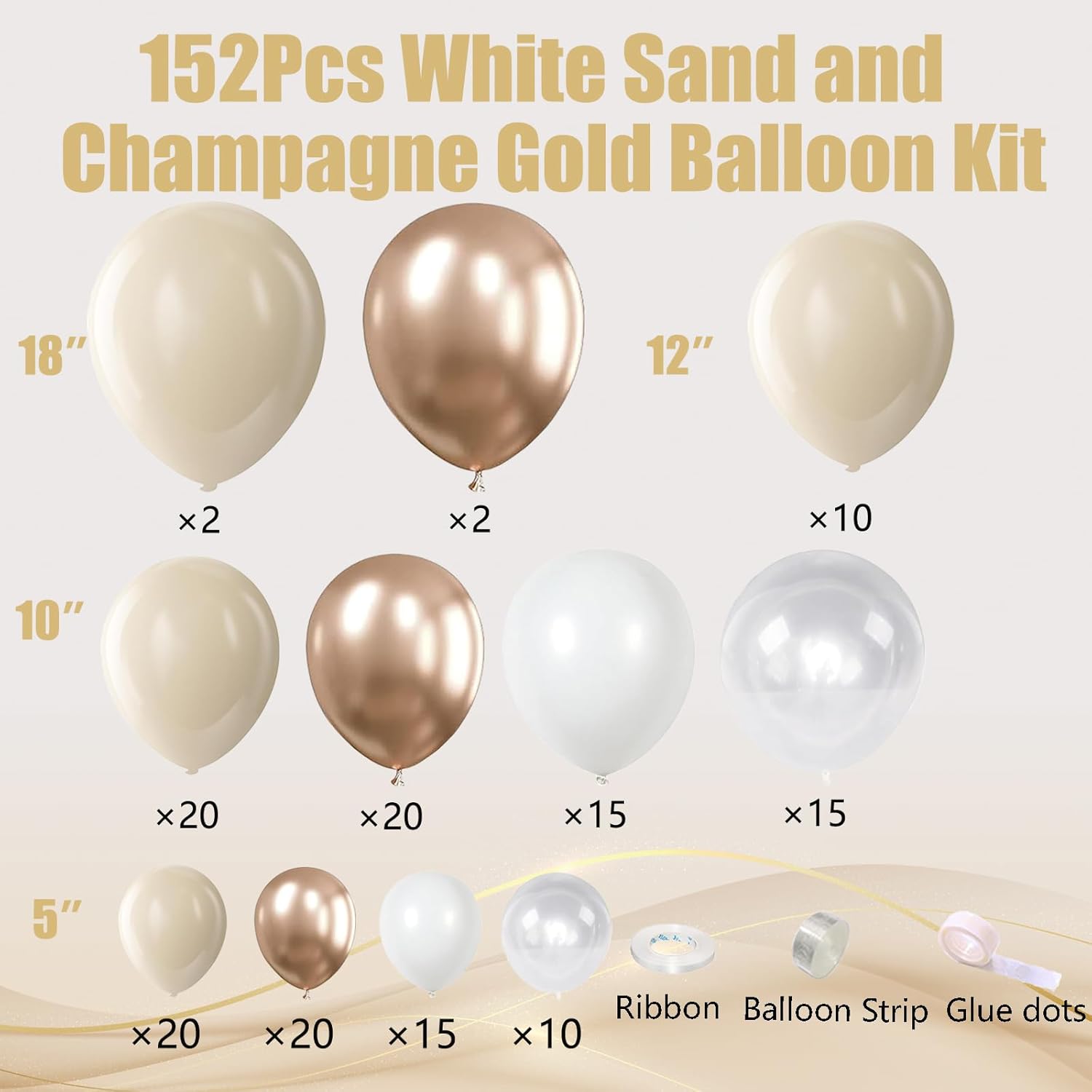 White Sand Metallic Champagne Gold Balloons Garland Arch Kit,152PCS White Neutral Balloons with Clear Balloons for
