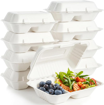 90 Pack 2-Compartment Clamshell Take Out Containers, 9" x 6" Compostable Hinged Food Containers Disposable Bagasse To