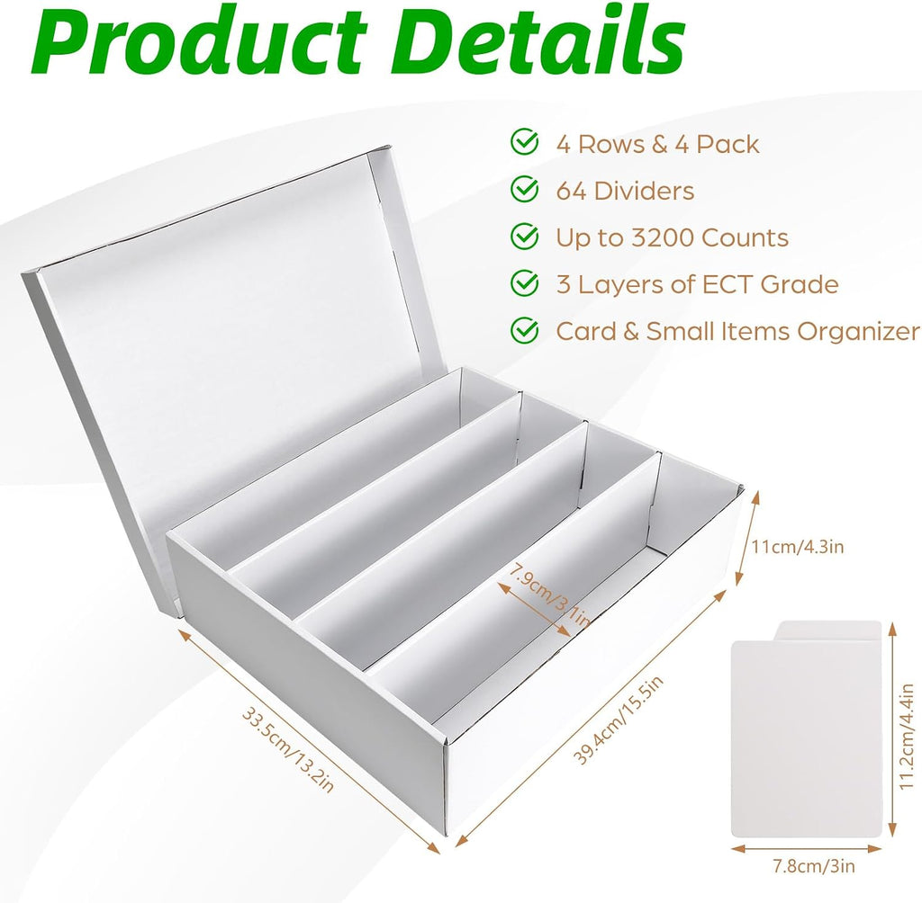 3200-Count Trading Cardboard Card Storage Boxes 4 Pack, 4 Row White Card Box with 64 Dividers, MTG, TCG Card Organizer