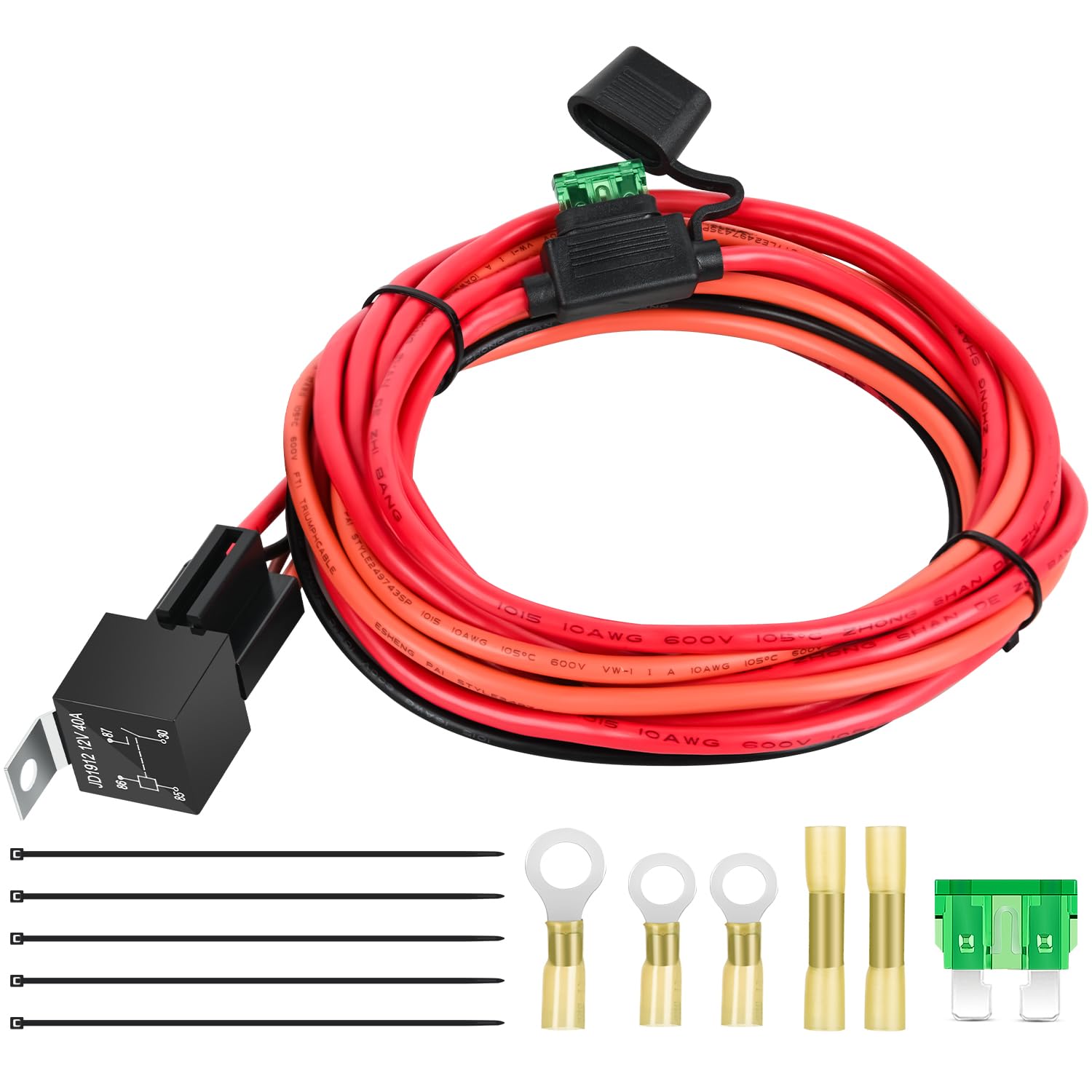 Electric Fuel Pump Relay Kit Wiring Harness 10 Gauge Cables | w/40 AMP Relay Heavy Duty 30 AMP Blade Fuse 12V System