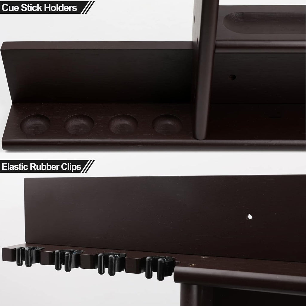 Pool Cue Rack Wall Mount,Cue Stick Holder,Wall Pool Stick Holder,Dark Brown | Holds 8 Cues and Full Set of Balls
