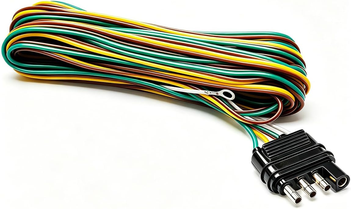 25ft 4 Wire 4-Flat Trailer Light Wiring Harness Extension Kit, Trailer Wiring Harness with 18 Gauge White Ground Wire