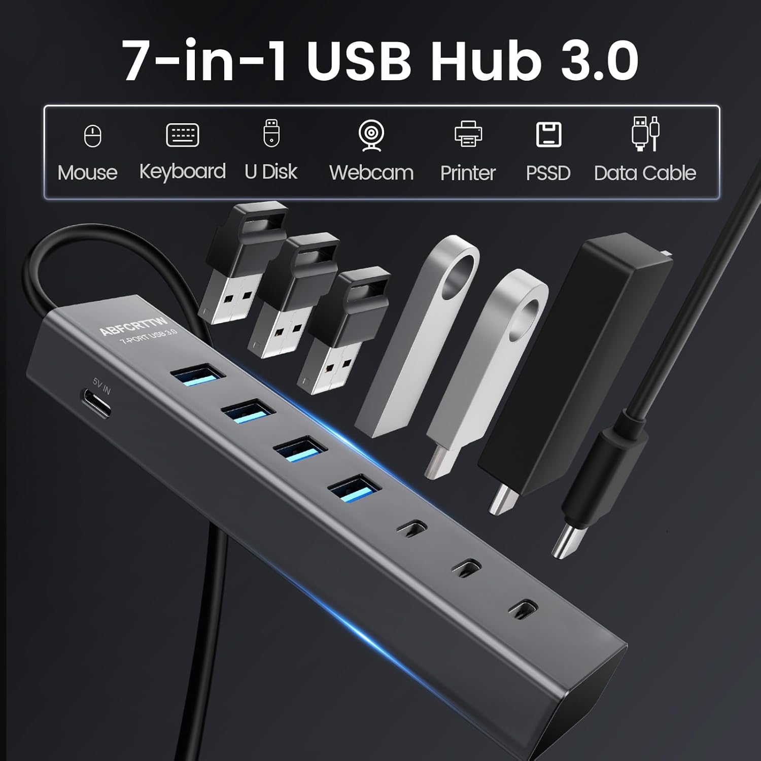 USB C to USB Hub Multiport Adapter, Aluminium 7-Port USB C Hub Multiport Adapter, USB Extenders, USB c Splitter for