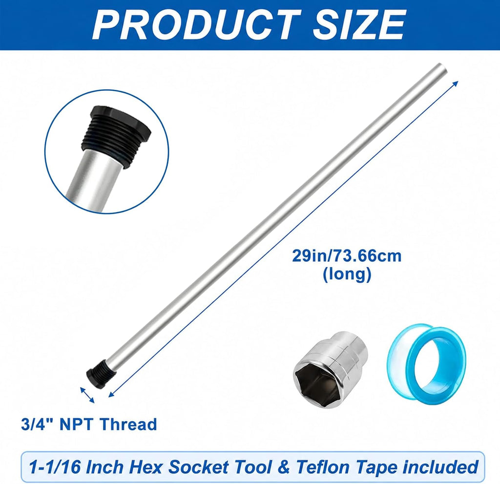 29" Magnesium Anode Rod for Hot Water Heater, 3/4" NPT Thread for Rheem