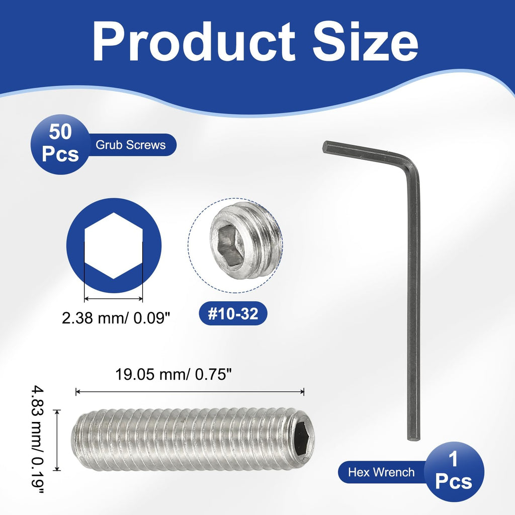 PATIKIL #10-32x3/4 Hex Socket Grub Screws, 50 Pcs Cup Point Set Screw with Wrench