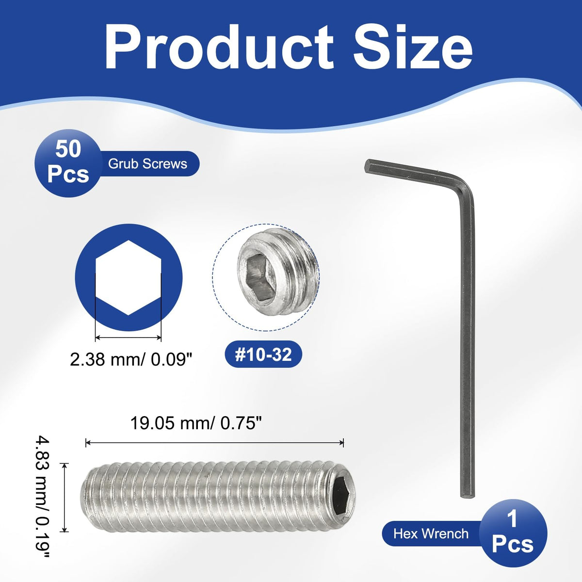 PATIKIL #10-32x3/4 Hex Socket Grub Screws, 50 Pcs Cup Point Set Screw with Wrench