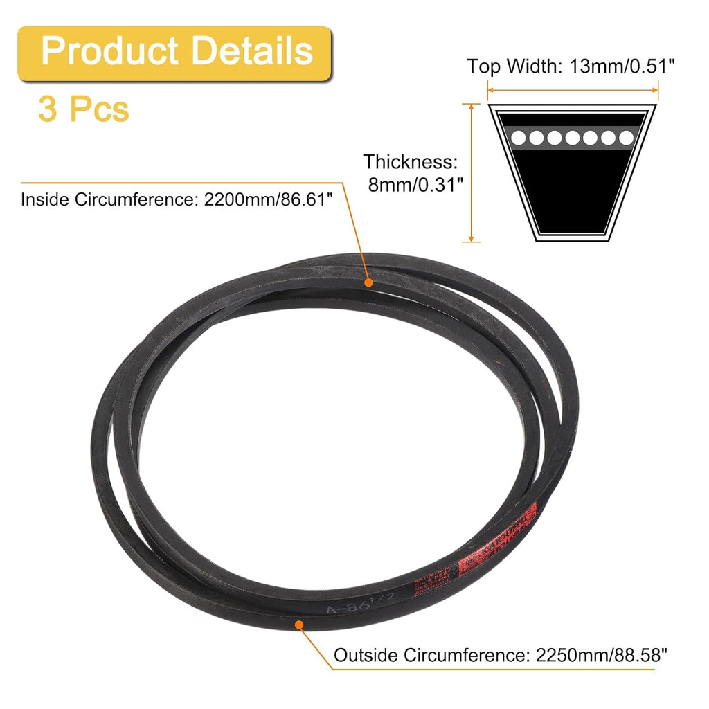 uxcell 3 Pack A86 1/2 Classic Wrapped V-Belt,89" Outer Circ A Profile,Black