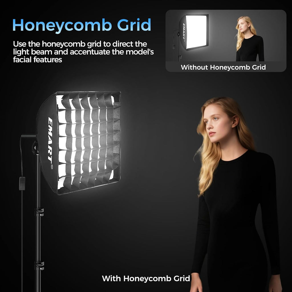 Softbox Lighting Kit with Grid, 50W 16"x16" Soft Box for Photography | Pull Softbox, 3000K-6000K LED Bulb with