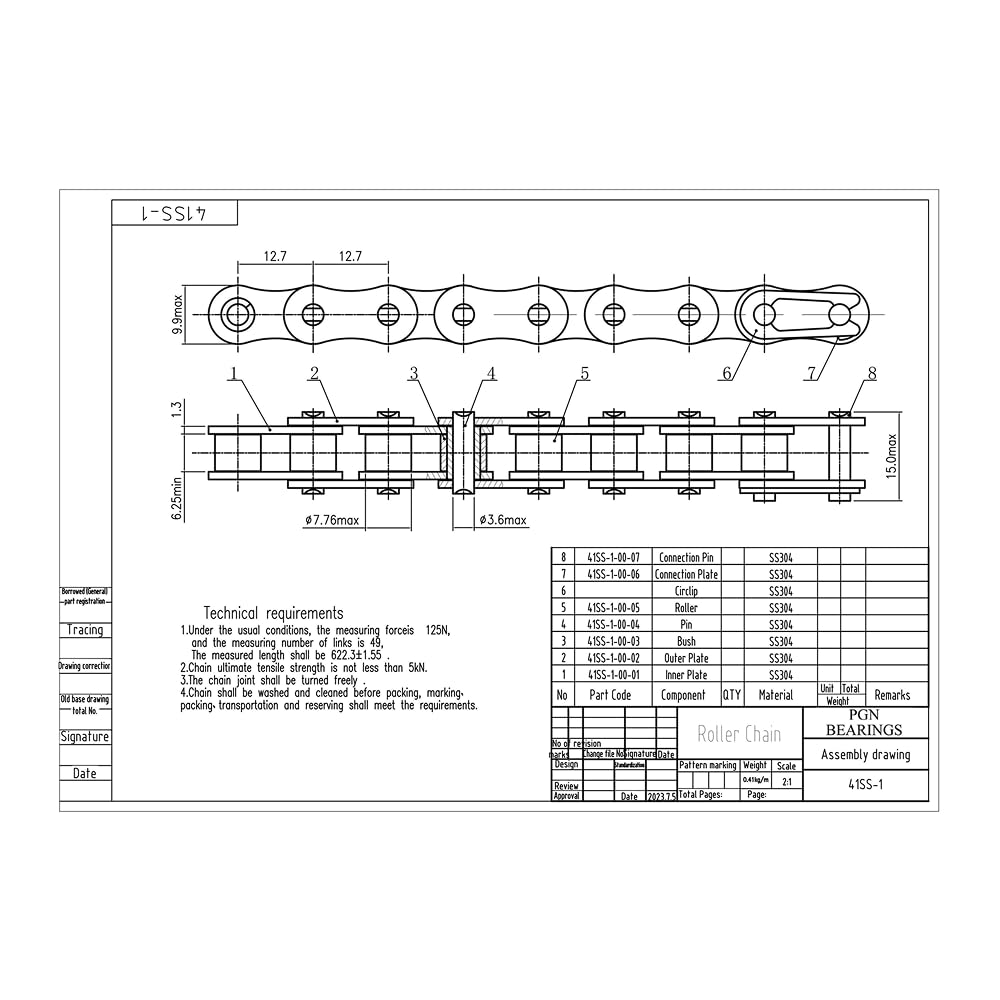 PGN #41SS Stainless Steel Roller Chain - 10 Ft + 2 Free Links - 239 Links