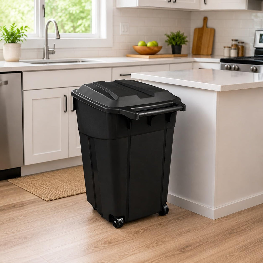 45 Gallon Outdoor Trash Can with Wheels and Fixed Lid, Heavy Duty Rolling Trash Bin for Patio, Garage and Roadside