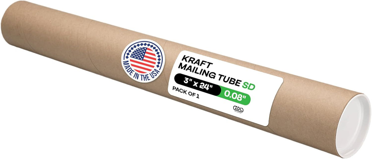 Cardboard Mailing Tube, 3" x 24" with Plastic Caps - USA-Made USPS Approved Poster Tube for Documents & Blueprints
